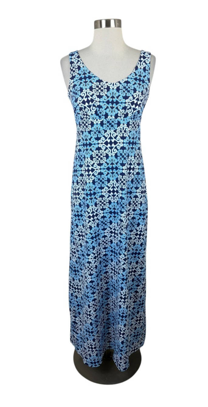 J. McLaughlin Blue Print Catalina Cloth Maxi Dress Size XS Coastal Travel Cruise